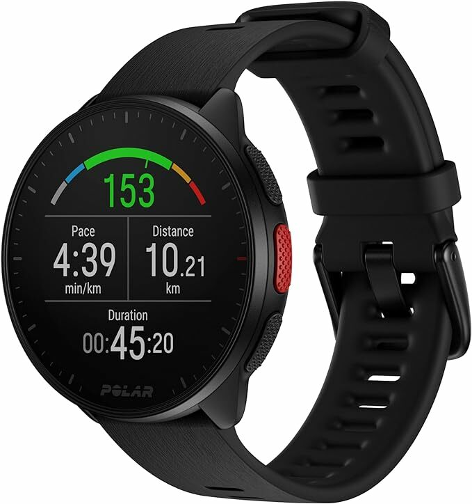 Polar Pacer Reloj para correr con GPS, Procesador de velocidad, Ligero, Pantalla brillante, Programas de entrenamiento y recuperación para correr, Monitor de frecuencia cardíaca, Controles de música, S/L, Negro