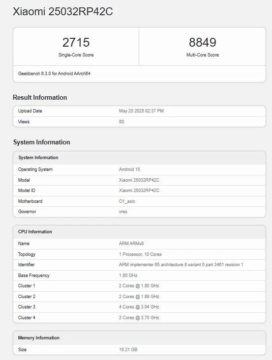 Xiaomi Pad 7 Imagen de puntaje Ultra en Geekbench