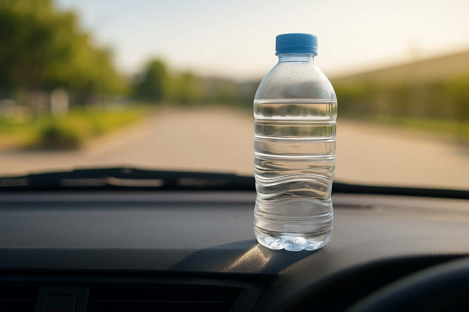 Botellas de agua en el auto al sol