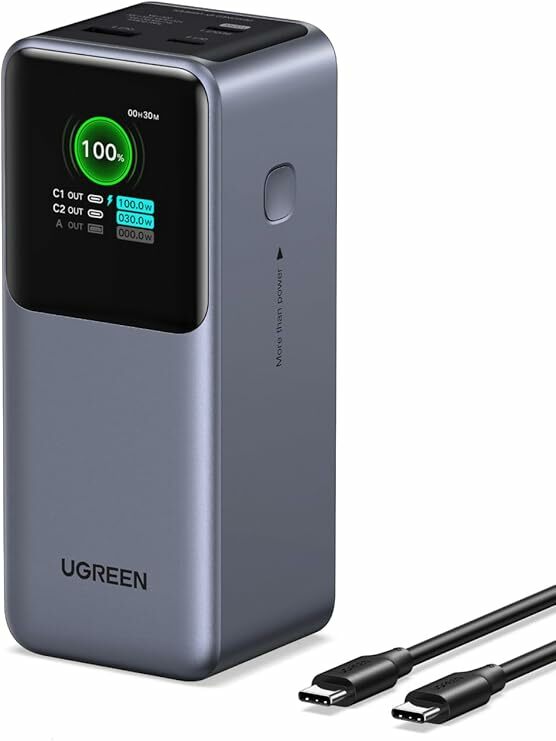 Ugreen Nexode Power Bank 20000 mAh de 130 W, cargador portátil con 2 USB C y 1 tipo de batería externa con pantalla