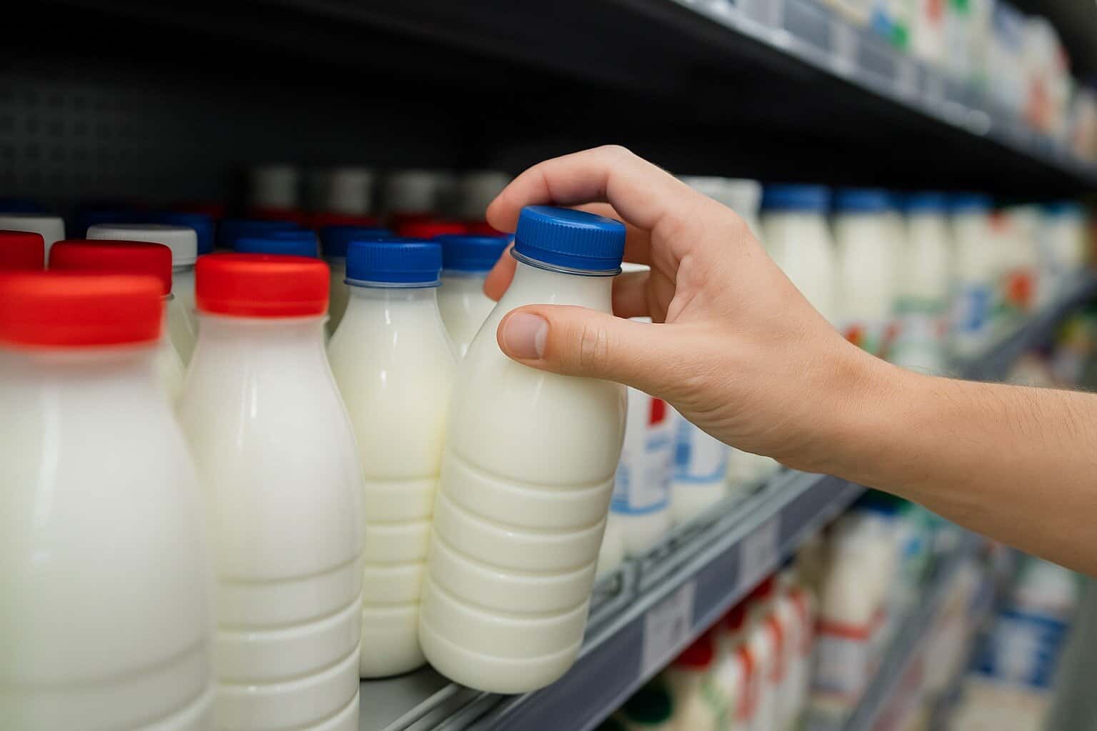 Bebidas lácteas en botellas en el supermercado.