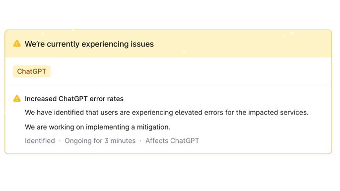 Página de estado de OpenAI ChatGPT hacia abajo
