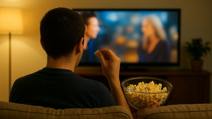 Imagen de una persona viendo una serie y comiendo palomitas