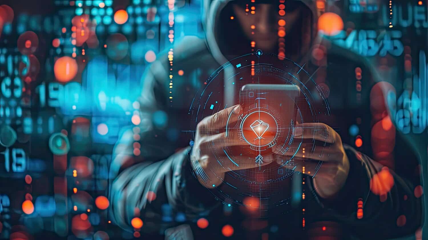 Imagen de un hacker con tecnología avanzada.