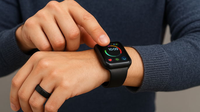 Persona que utiliza un reloj inteligente y un anillo inteligente