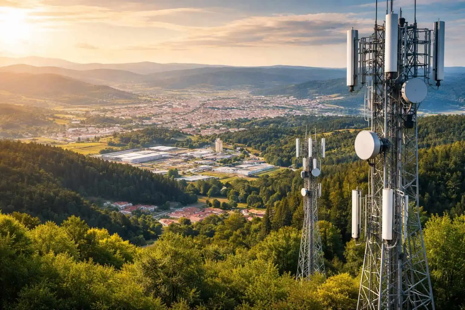 Antena de telecomunicaciones en zona rural con vistas panorámicas de Famalicão, Trofa y Santo Tirso.