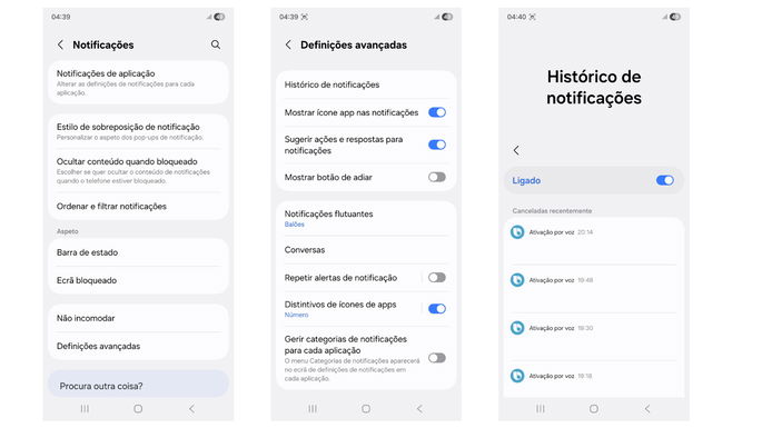 Capturas de pantalla del historial de notificaciones