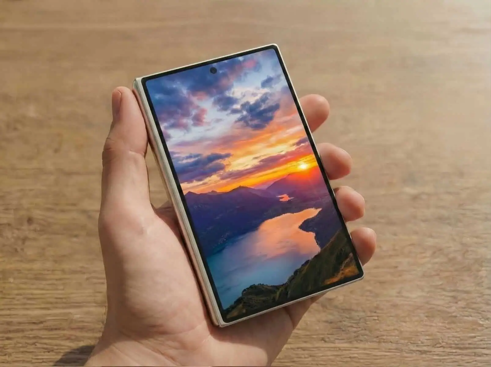 Smartphone Samsung con pantalla plegable que muestra un paisaje de puesta de sol, destacando la innovación tecnológica.