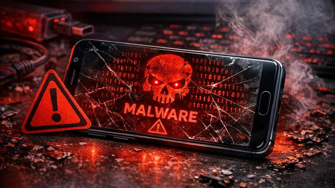 Imagen de un teléfono inteligente con advertencia de malware.