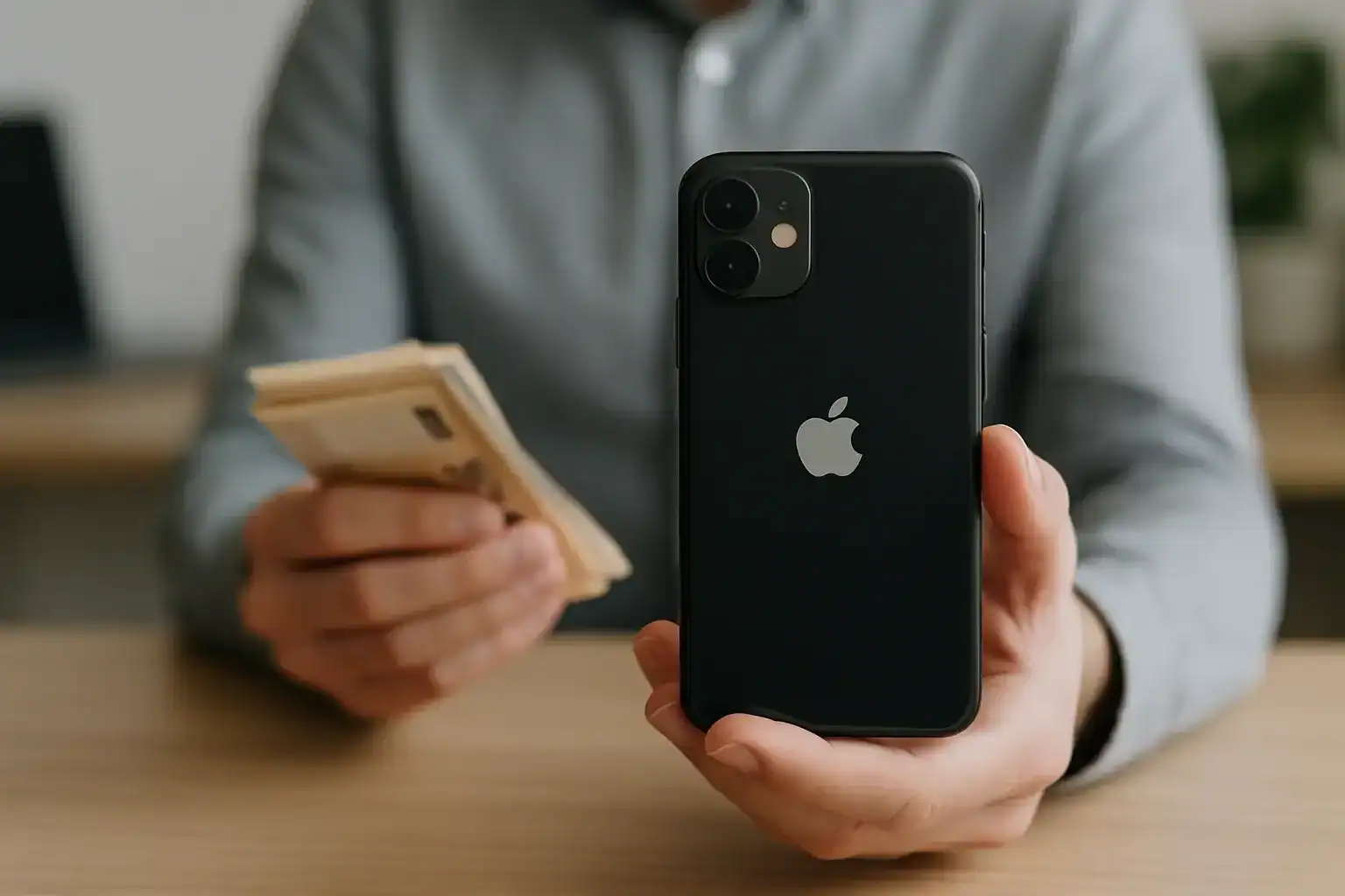 IPhone negro restaurado con dinero en efectivo en la mano, destacando los ahorros en tecnología Apple.