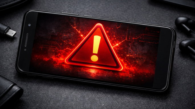 Smartphone con señal de peligro en la pantalla.