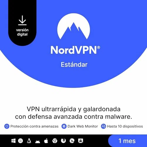 NordVPN Standard, 10 dispositivos, 1 mes, VPN y ciberseguridad, código digital