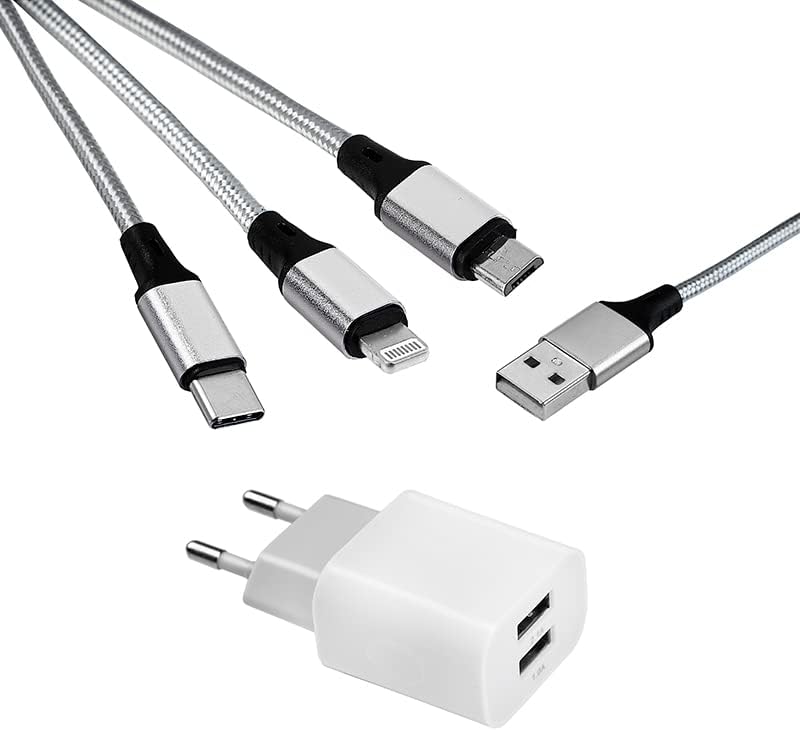 MUTTO Universal 5V2A/10W Wall Charger Pack with 2 USB Ports + 3 in 1 Multi USB Charging Cable Universal USB to Micro USB/USB-C/Lightning Compatible with iPhone, Samsung, Huawei, Xiaomi