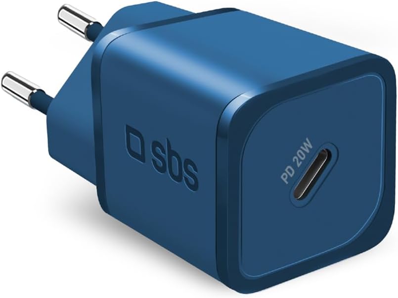 SBS Portable Charger for Samsung, iPhone, Xiaomi, OPPO, 20W Fast GAN Charger for Smartphones and Tablets, Fast and Safe Power Delivery Charger with USB-C, Blue