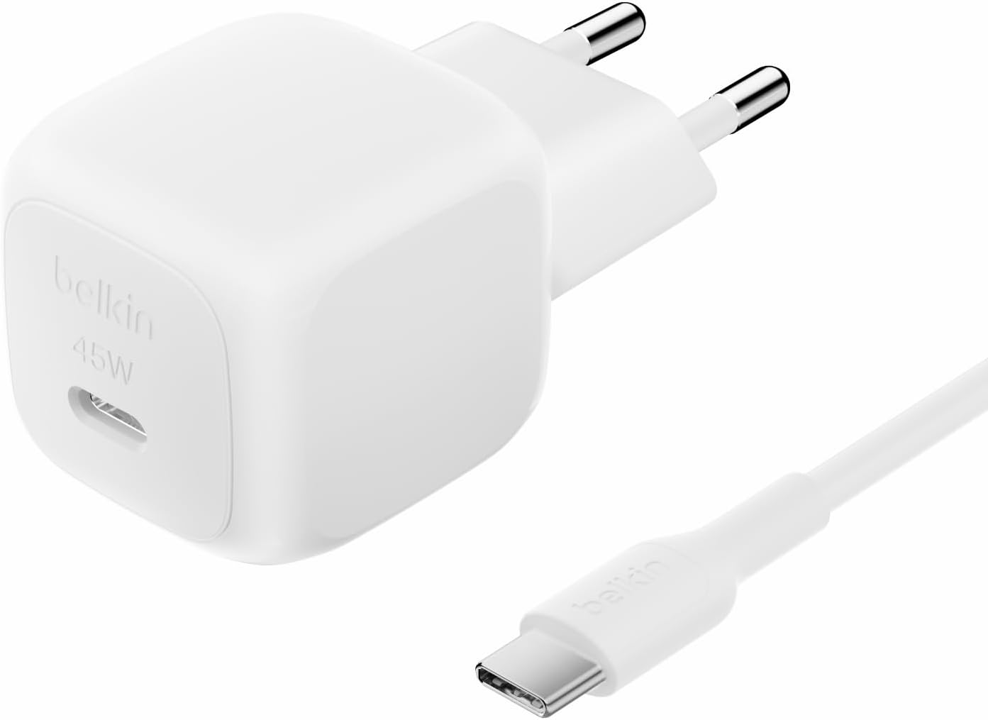 Belkin 45W Compact Fast Charging Charger, 1M USB-C to USB-C Cable Included, Power Delivery for Apple iPhone 17, iPhone 16, 15, Samsung Galaxy S25, Pixel 10, iPad, AirPods and Others - White