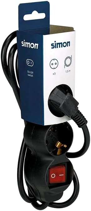 Simon – Multiple Base, Flat Socket Strip, 3 x 16 A Sockets, Plug with Ground Socket and On/Off Switch, 1.5 Metre Cable, Black - Imagen 2