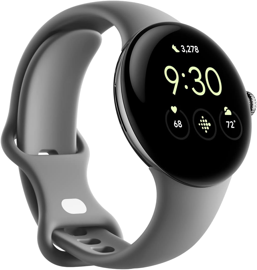 Google Pixel Watch - Android Smartwatch with Activity Tracker - Heart Rate Tracker Watch - Polished Silver Stainless Steel Case with Carbon Active Strap, WIFI