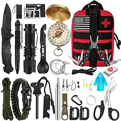 scosao 21 in 1 Multifunctional Survival Kit Emergency Survival Bag, Military Survival Kit and First Aid Kit, for Walking Hiking, Travel or Adventure, Net