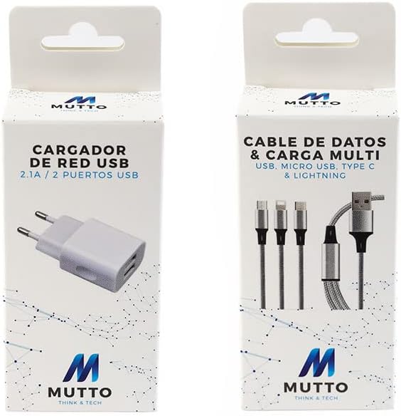 MUTTO Universal 5V2A/10W Wall Charger Pack with 2 USB Ports + 3 in 1 Multi USB Charging Cable Universal USB to Micro USB/USB-C/Lightning Compatible with iPhone, Samsung, Huawei, Xiaomi - Imagen 2