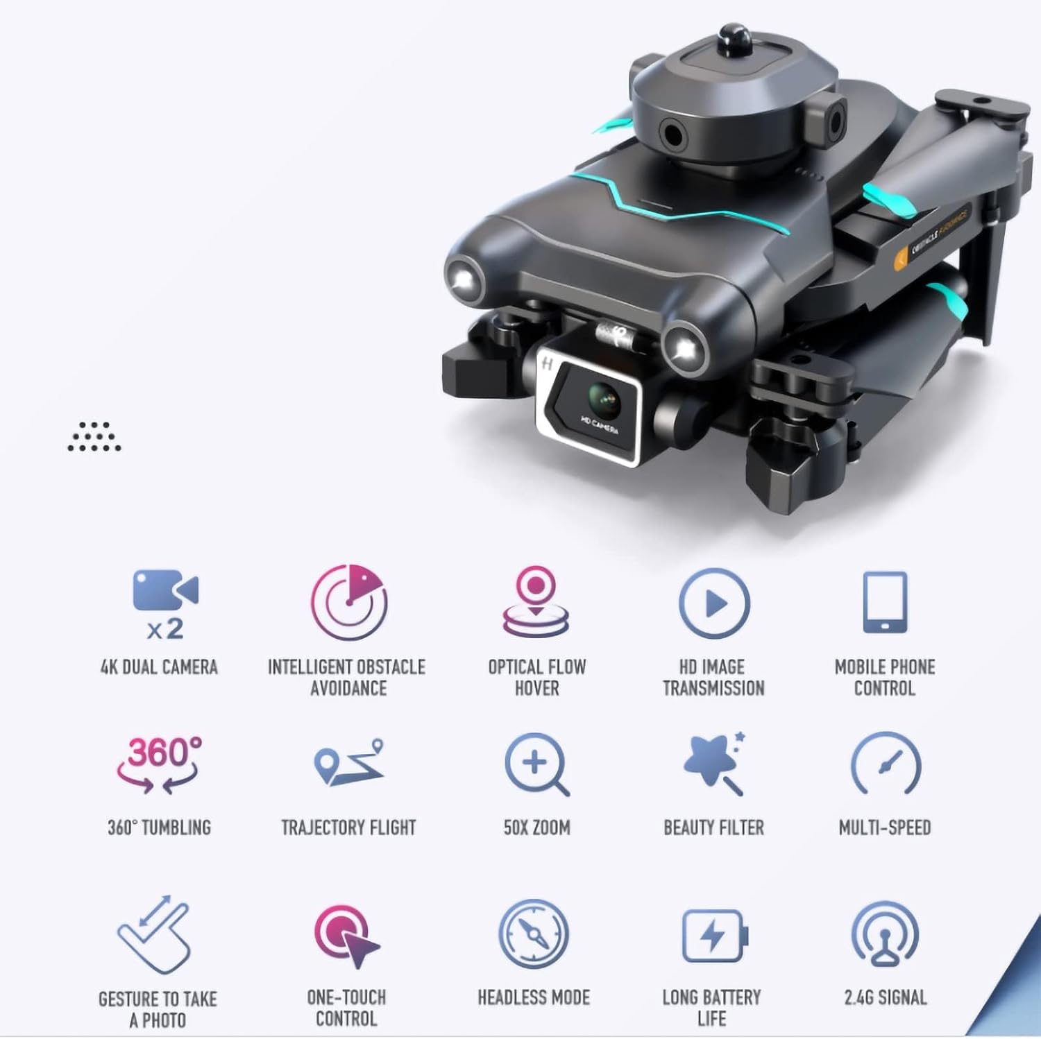 Mini Drone 4K HD Professional Dual Camera, Foldable Quadcopter to Prevent Obstacles of Optical Flow, with 2 Batteries Stunt Flip, Blue - Imagen 2