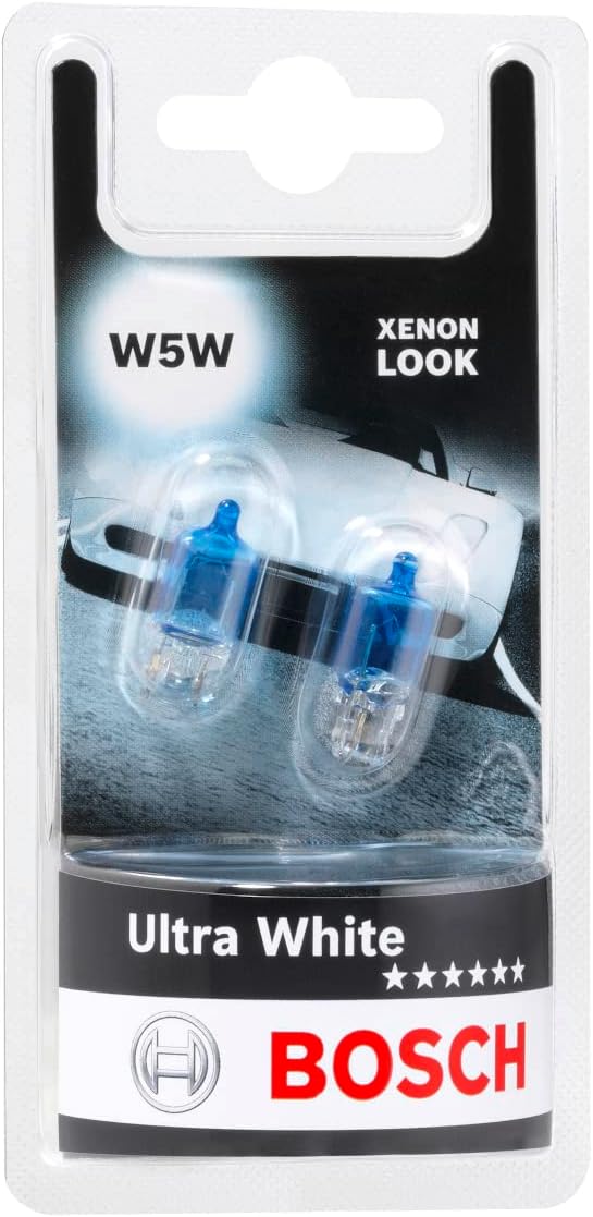 Bosch W5W Ultra White Halogen Headlight Lamps, 12 V 5 W, Modern White LED Effect – Socket Type W2.1 x 9.5d – Car Light Replacement, Pack of 2 Lamps