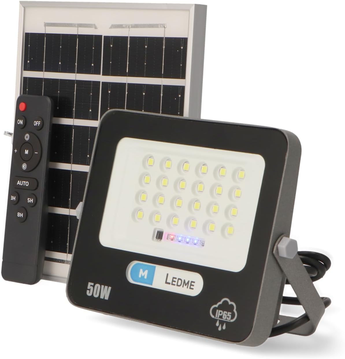 M Ledme - Solar LED spotlight 50W with remote control, 750 lumens, dimmable light intensity, IP65, cold light color (6000k), large capacity battery 5000 mAh. Cable length 2.10 m