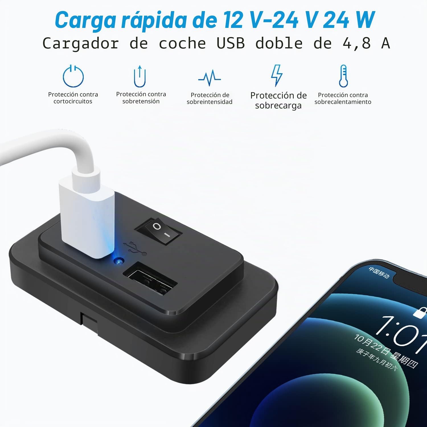 2 Pcs 4.8A Dual USB Car Charger Socket with Switch Adapter 12V/24V USB Power Socket Panel Fast Charging with LED for Boat SUV RV Truck Marine - Imagen 2
