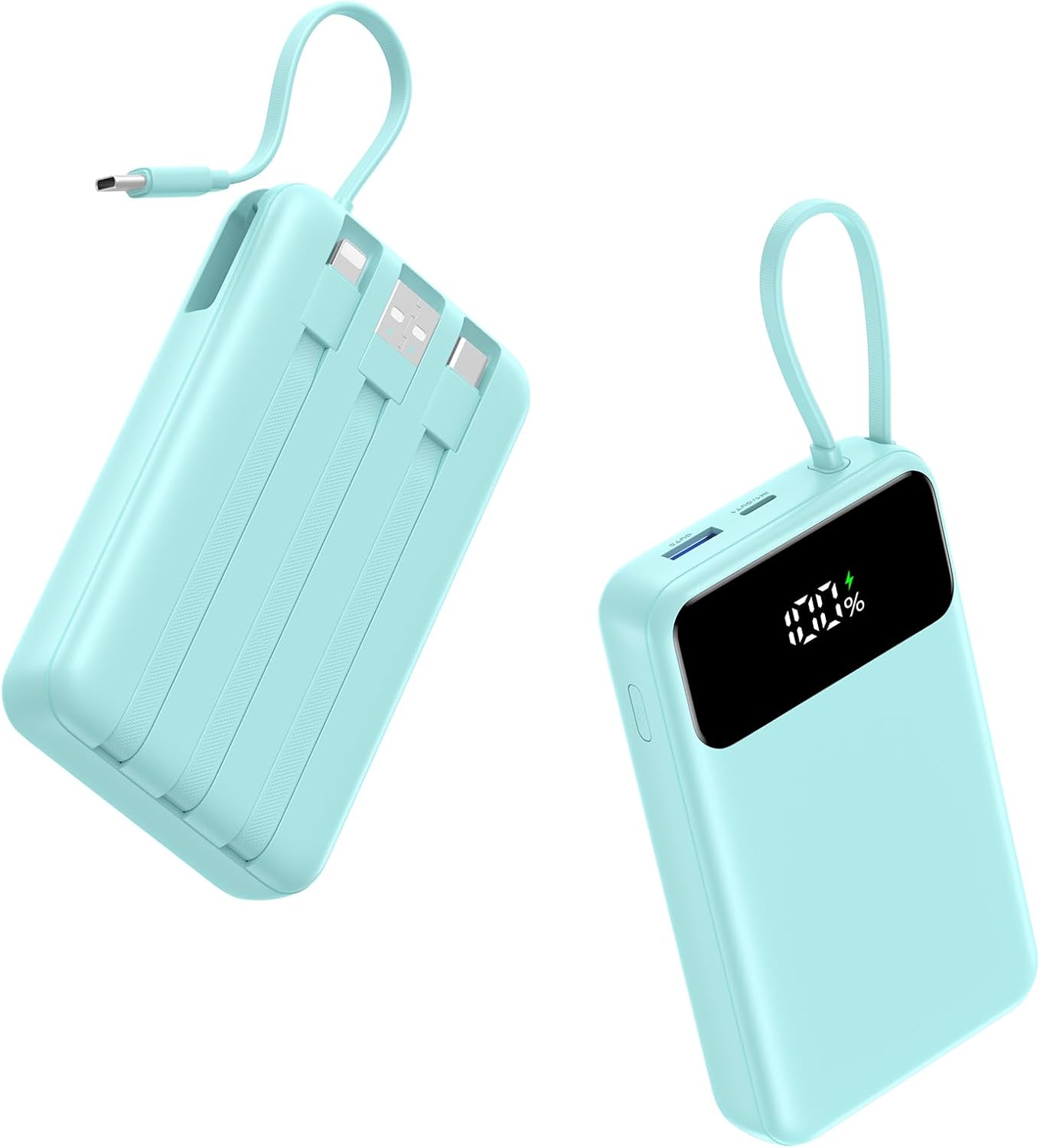 A ADDTOP Power Bank with 4 Integrated Cables, Small 20000 mAh External Battery Fast Charging 22.5W, Travel Essentials, Portable Battery PD QC 4.0 with 5 Outputs and 3 Inputs (Green Blue)