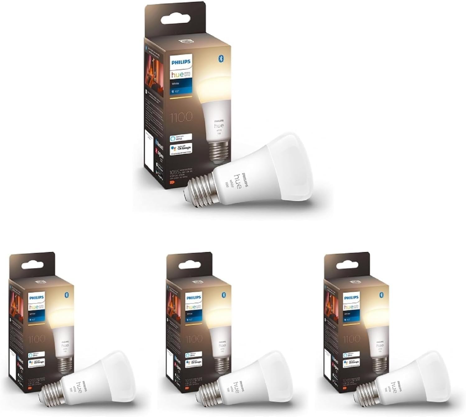 Philips Hue - Smart LED Bulb, A60 E27, Warm White Dimmable 9.5W (Eq. 75W) 1100 Lumens, Compatible with Alexa and Google Home (4 Pack)