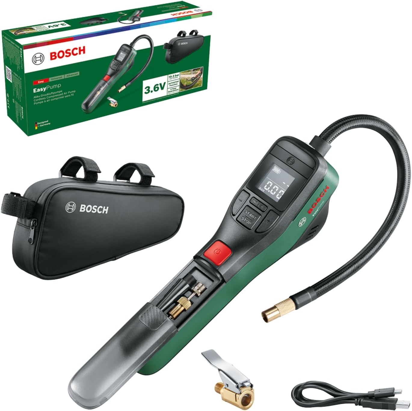 Bosch Bicycle Air Pump/Battery Air Compressor EasyPump (3.0Ah; 3.6V, Auto Stop Function; 150 PSI, 10.3 Bar; USBC, 3 Adapters, Quick Connect Plug, Bicycle Bag)
