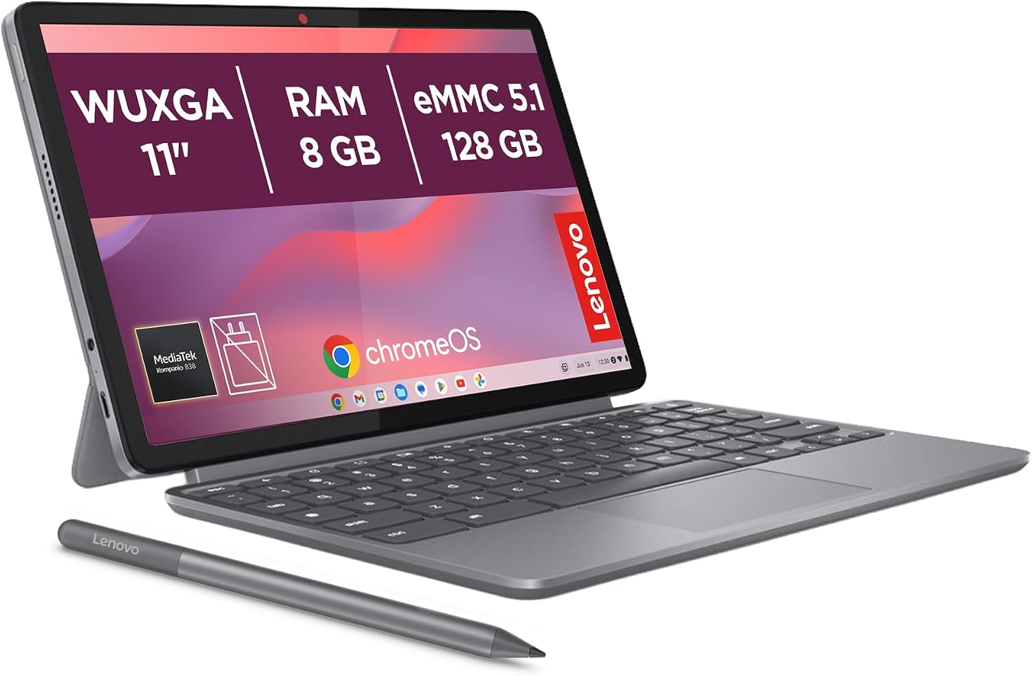Lenovo Chromebook Duet Gen 9-11" WUXGA Touch + Stylus Included (MediaTek Kompanio 838, 8GB RAM, 128GB Emmc, ChromeOS) Gray QWERTY + 3 Months Google AI Pro with Gemini Pro and 5TB