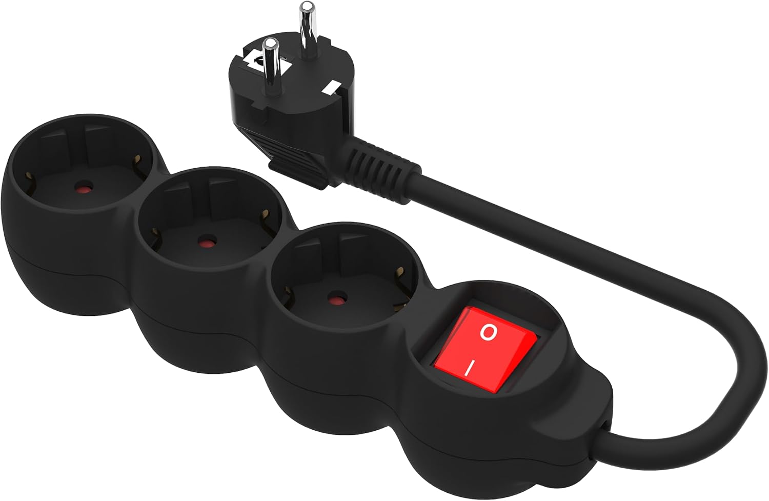 Simon – Multiple Base, Flat Socket Strip, 3 x 16 A Sockets, Plug with Ground Socket and On/Off Switch, 1.5 Metre Cable, Black