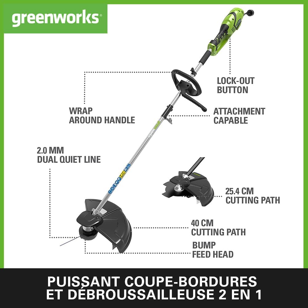 Greenworks Tools Electric Trimmer and Brush Cutter 230V 1200W 40 cm Cutting Width, 2 mm Thread/Blade, Additional Adjustable Handle, Green, Black, Grey, GST1246 - Imagen 2