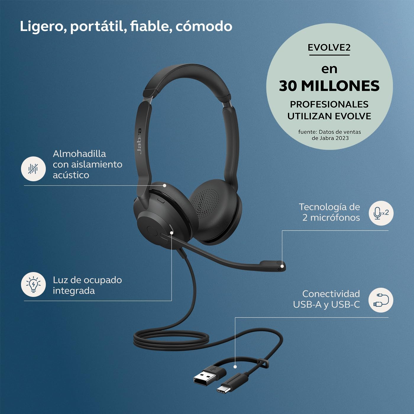 Jabra Evolve2 30 SE - USB-A/USB-C - UC Certified Dual Wired Headphones - Imagen 2
