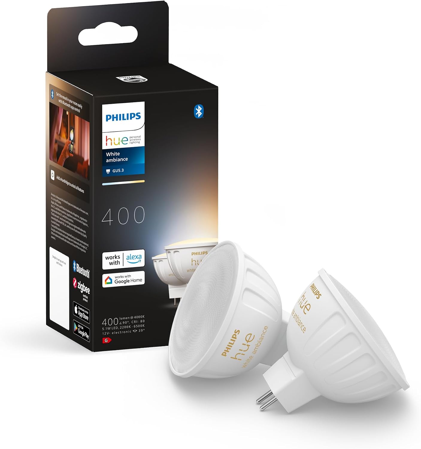 Philips Hue - MR16 Smart LED Bulb, GU5.3, Warm to Cold White Light, Dimmable, 5.1W, Compatible with Amazon Alexa (Echo, Echo Dot) - Pack of 2 Smart LED Bulbs