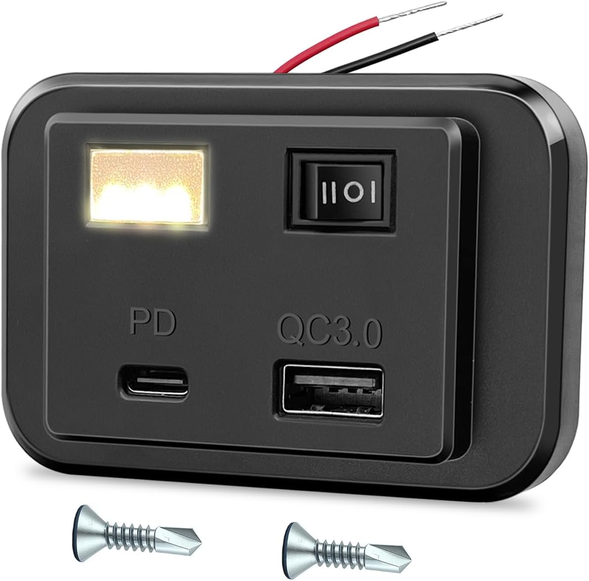 Dual USB C Car Charger 12V PD3.0 + QC3.0 with Switch and LED Night Light, DC 12V-26V USB Fast Charging Outdoor Power Outlet Adapter for RV Truck