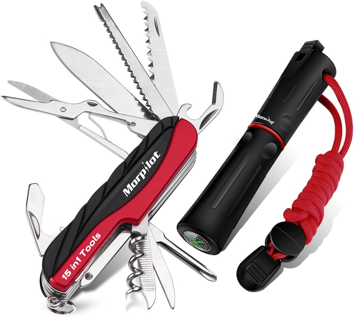 morpilot Multipurpose Knife Tool 15 Functions Blade Can Opener Bottle Opener Scissors Wood Saw for Home Climbing Camping Tourism with Whistle and Compass