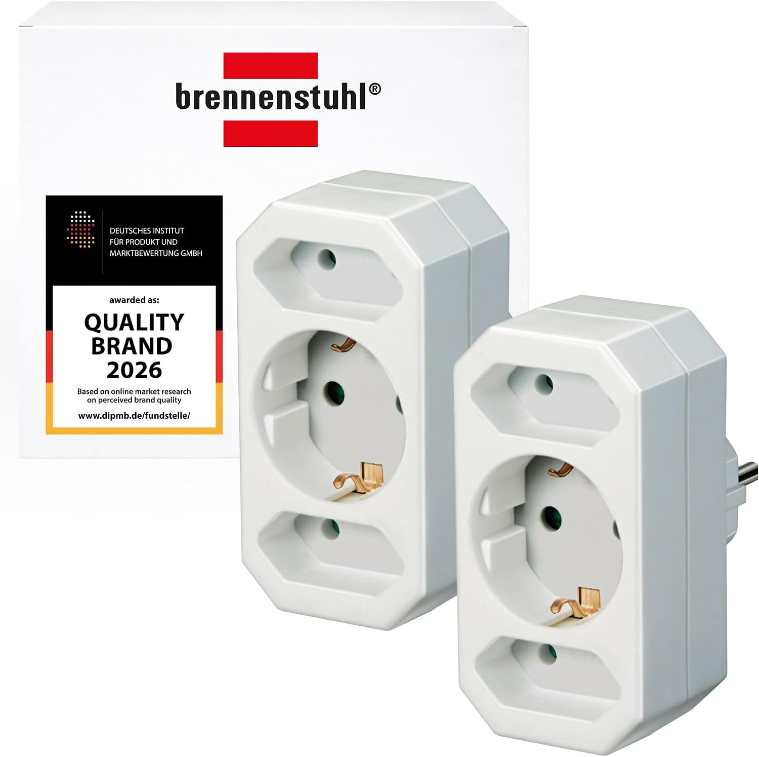 Brennenstuhl Set of 2 Multi Adapters, 3-Outlet Plug Adapter with Increased Contact Protection (2X Euro Plug and 1x Earth Socket) White