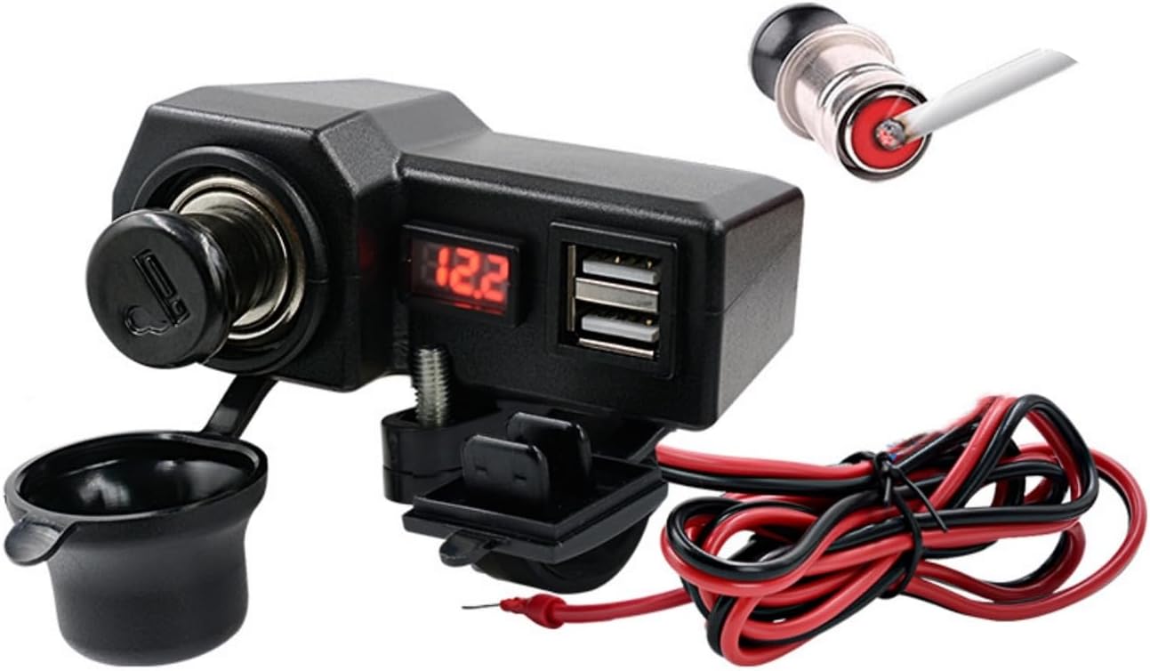 Motorcycle USB Charger with Cigarette Lighter & Voltmeter, Dual 3.4A Ports Waterproof for Car 10-24V