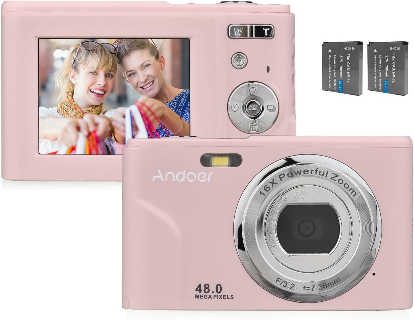 Andoer Portable Digital Camera 48MP 1080P 2.4" IPS Screen, 16X Zoom, Self-Timer, 128GB, Extended Memory, Face Detection, Anti-Shake, with 2 Batteries, Hand Strap, Bag