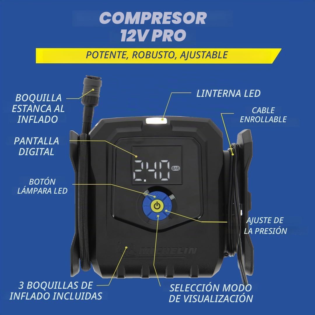 MICHELIN 009542 Professional Electric Air Compressor – Tyre Inflator for Car – Programmable Pressure 8 Bar 168 W – 12 V Lighter – Inflates a Tyre in 1min10 – 3 Nozzles - Imagen 2