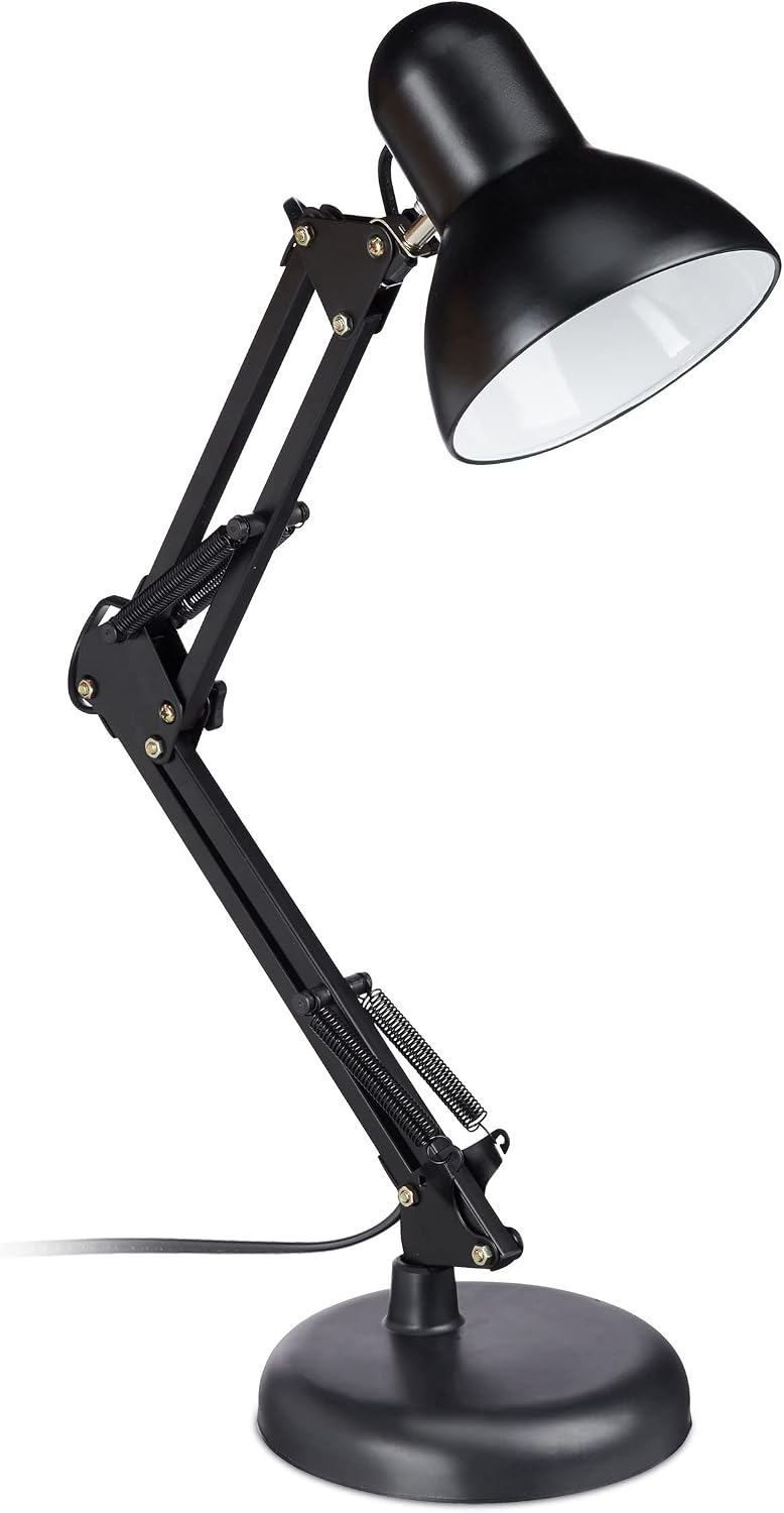 Relaxdays Flexo Desk Lamp, Articulated Articulated Arm, Reading Light, E27, Metal, Black, 50 x 27 x 15 cm