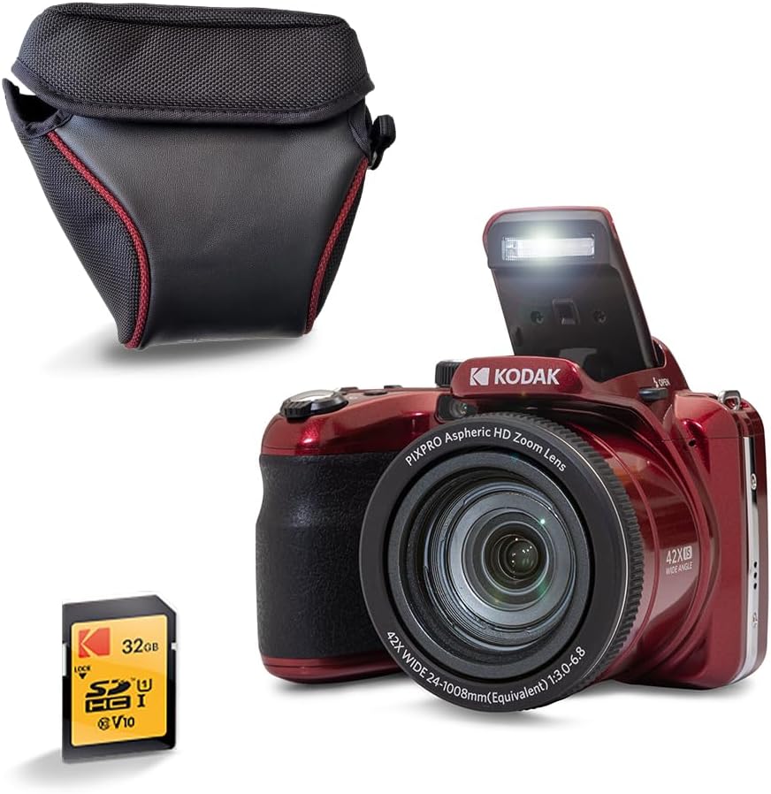 KODAK Pixpro AZ425 20MP Bridge Camera with 42x Optical Zoom + Protective Case + 32GB SD Card - Full HD 1080p Video, 24mm Wide Angle, Stabilizer, 3" LCD Screen - Red