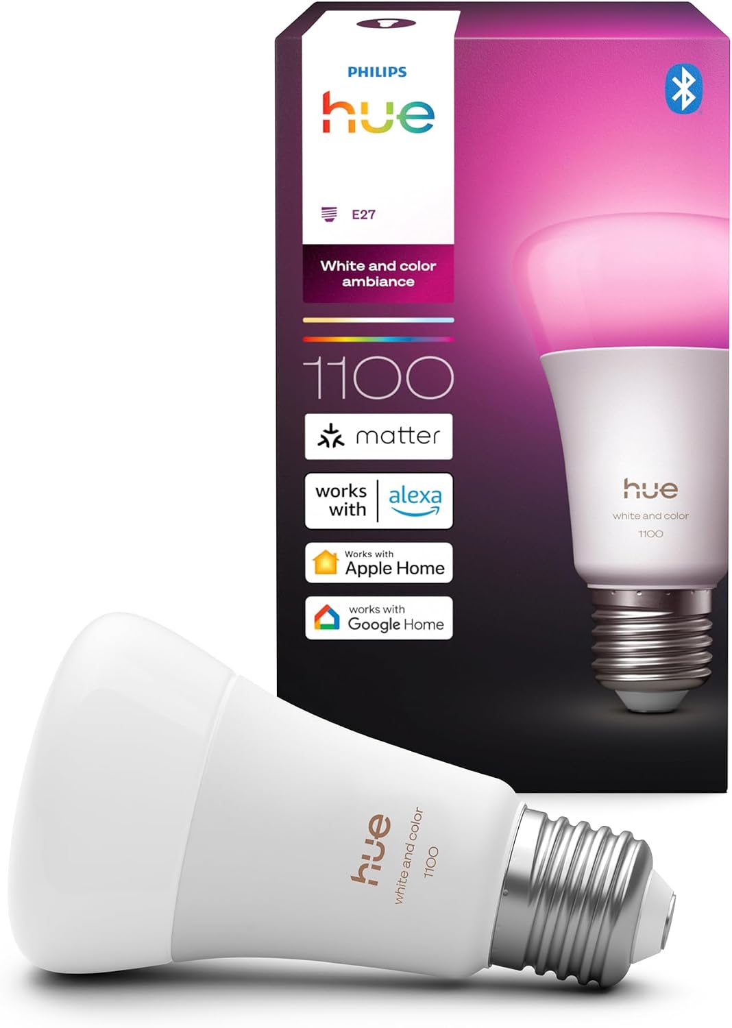 Philips Hue Smart LED Bulb, A60, White and Colour Ambiance, White and Coloured Light, E27, 8.1 W, Dimmable 1000-20,000 K, 1100 lm, Alexa, Google Assistant and Apple Home, Pack of 1
