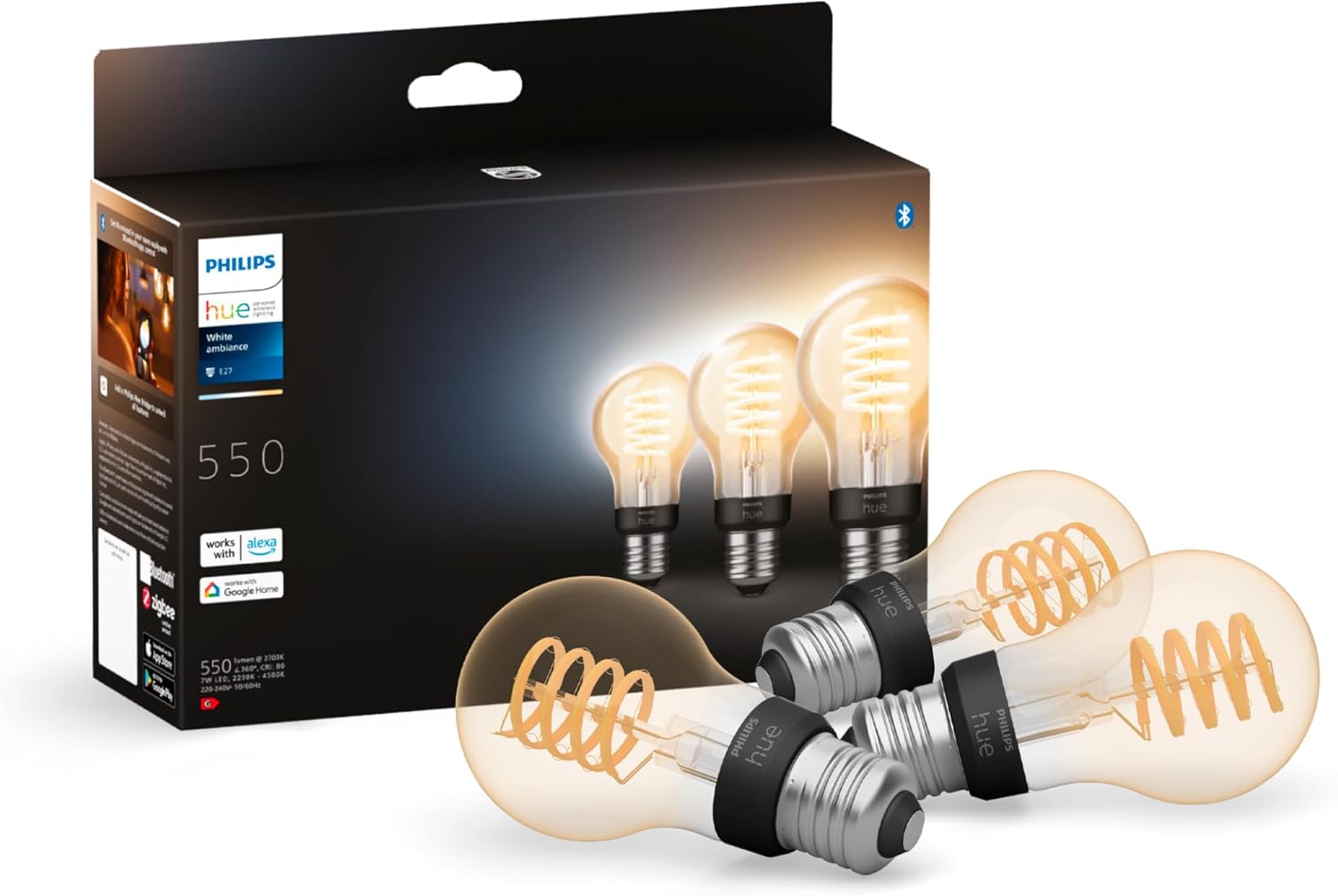 Philips Hue Smart LED Filament Bulb, E27, Warm to Cold White Light, Dimmable, 7W, Compatible with Amazon Alexa, Echo, Echo Dot, Pack of 3 Smart LED Bulbs