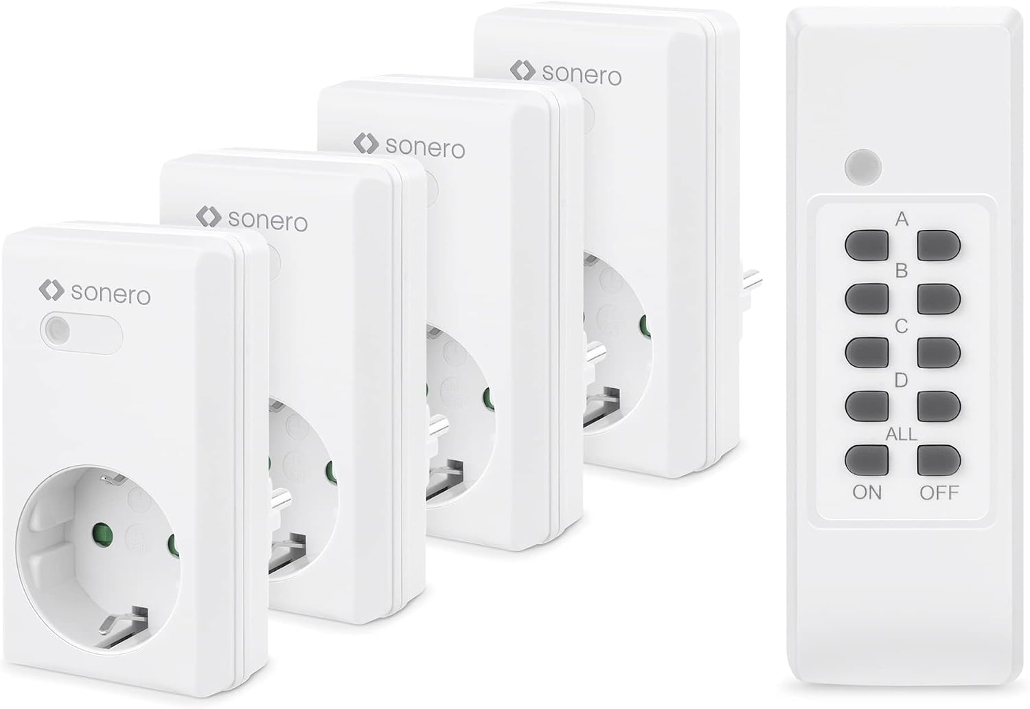 sonero juego de enchufes controlados por radio: 4 enchufes controlados por radio y 1 control remoto por radio, 1100 vatios, alcance máximo de 30 m, interior, blanco
