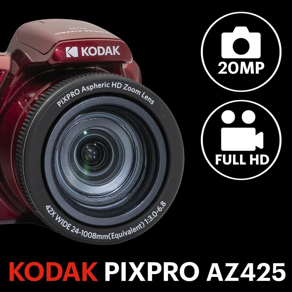 KODAK Pixpro AZ425 20MP Bridge Camera with 42x Optical Zoom + Protective Case + 32GB SD Card - Full HD 1080p Video, 24mm Wide Angle, Stabilizer, 3" LCD Screen - Red - Imagen 2