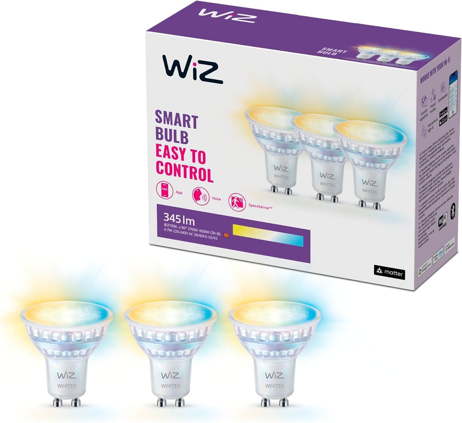 WiZ - GU10 Smart Glass LED Light Bulb - 50W Classic Glass Style 16 Million Colors (RGB), Wi-Fi/Bluetooth, Voice/App Control, Works with Google Home, Alexa and HomeKit