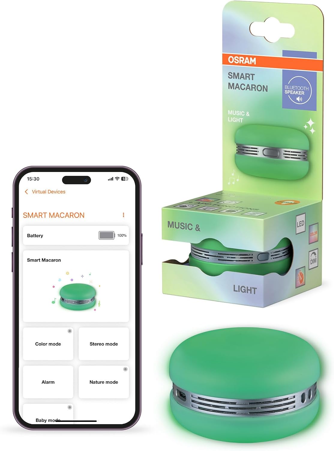 OSRAM Smart Macaron, Bluetooth Speaker with Rotating Colorful Light, Music Sync and In-App Timer - 3 Modes, Stereo Pairing