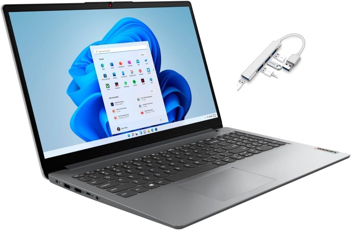 Lenovo Ideapad 1 15.6" HD Laptop, AMD Athlon Silver 7120U Processor, 4GB DDR5, 128GB SSD, AMD Radeon Graphics, Windows 11 Home, Gray, Bundle with USB 3.0 Hub